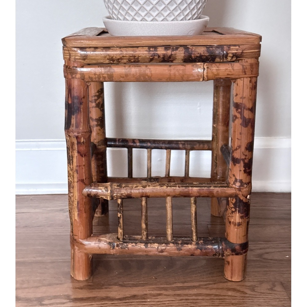 Vintage Burnt Tortoiseshell Bamboo Plant Stand Stool Boho Mid Century Modern